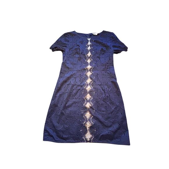 Trina Turk Short Sleeved Illusion Indigo Dress - Size 8 - Picture 10 of 12